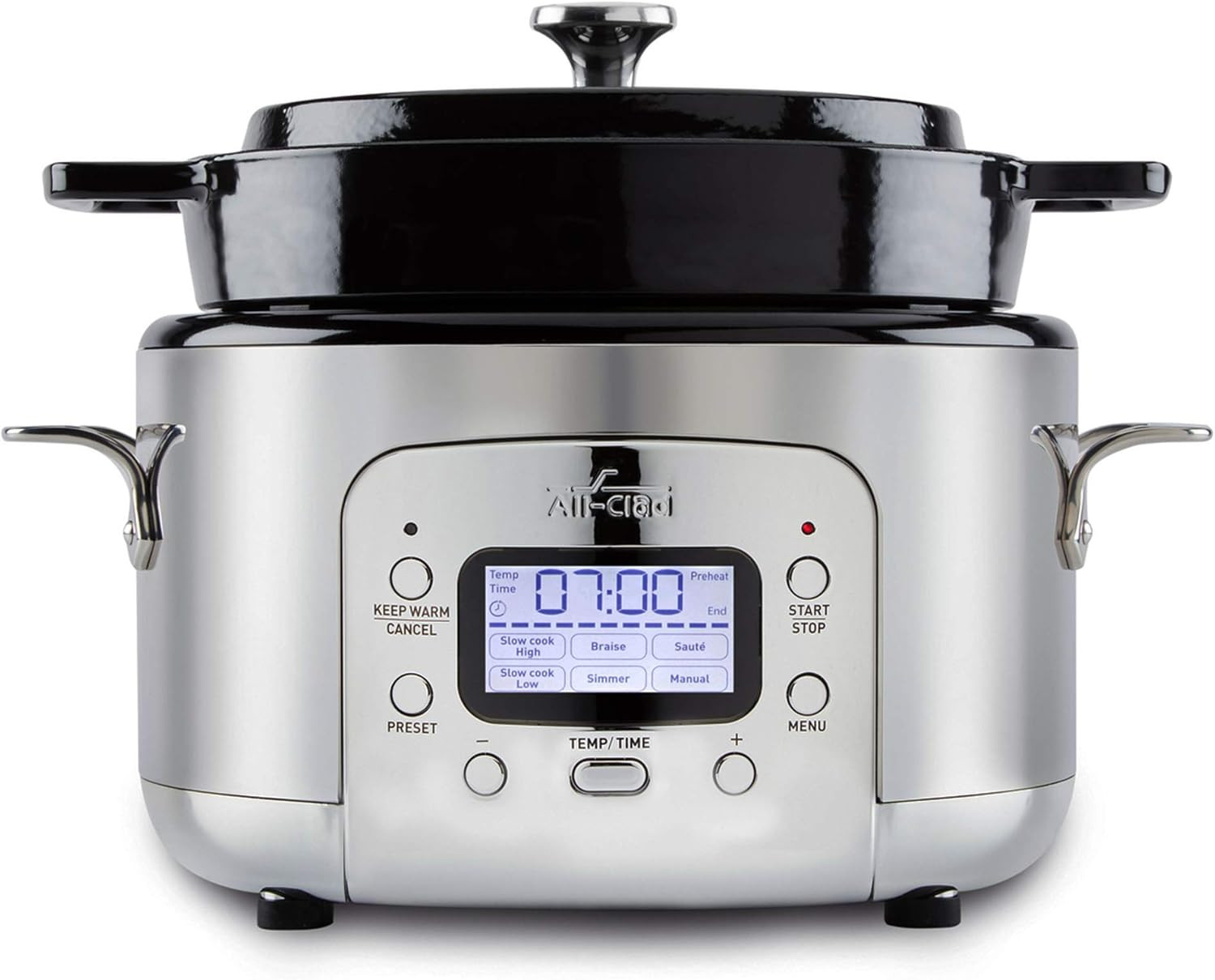 All-Clad 5 Quart 7-in-1 Electric Slow Cooker with Stainless Steel and Cast Iron, 1200W - Black Enamel Crock