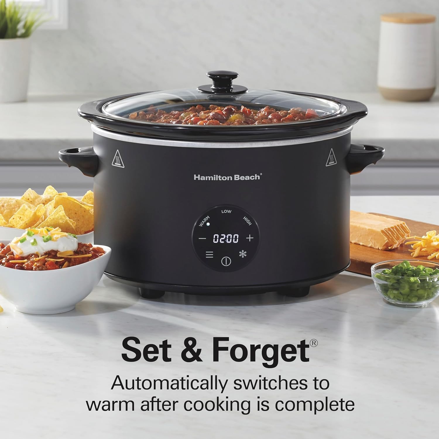 Hamilton Beach 6 Quart Set & Forget Programmable Slow Cooker with Defrost Function, Flexible Programming, Adjustable Countdown Timer, Large Dishwasher Safe Stoneware Crock and Glass Lid, Black (33765