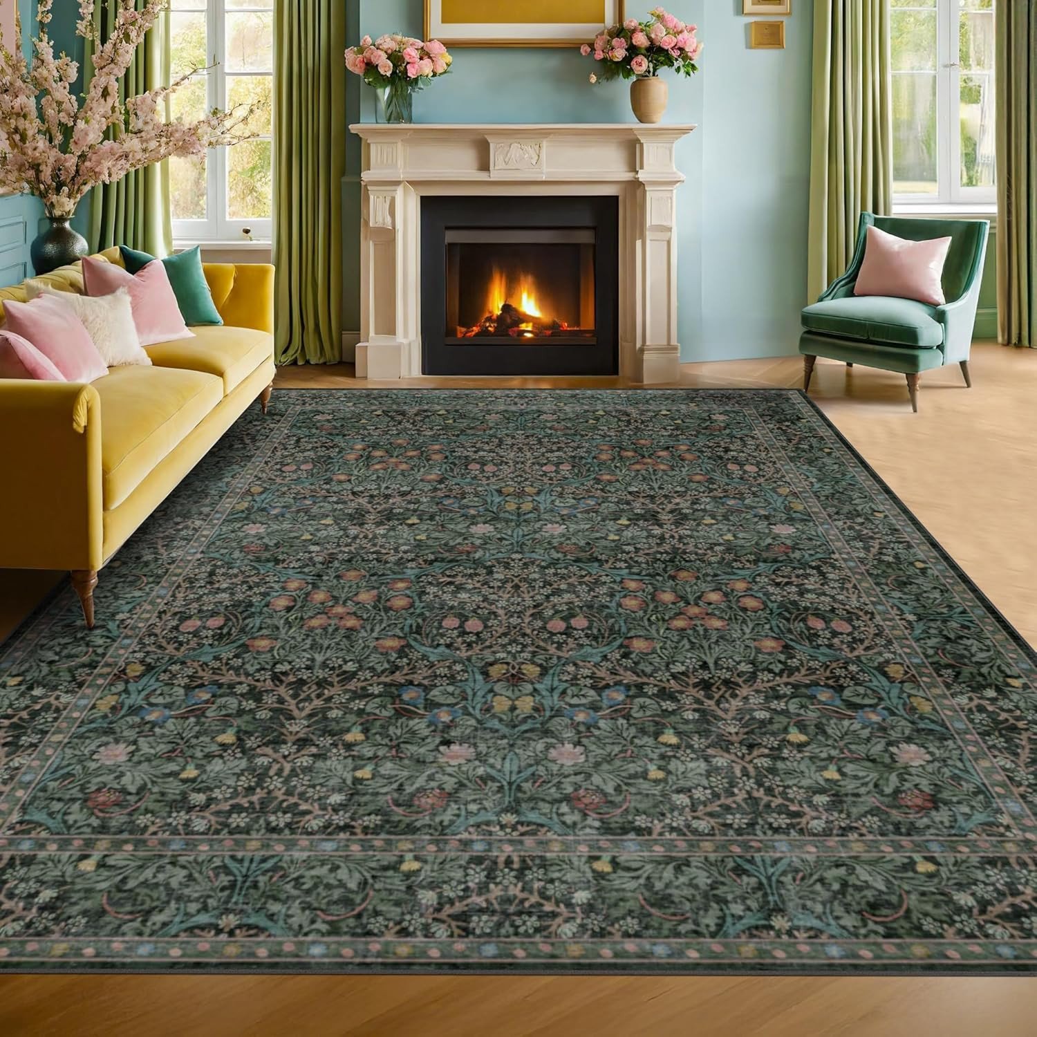 Vintage Dark Green 10x14 Washable Floral Area Rug - Soft Low Pile Carpet for Living Room