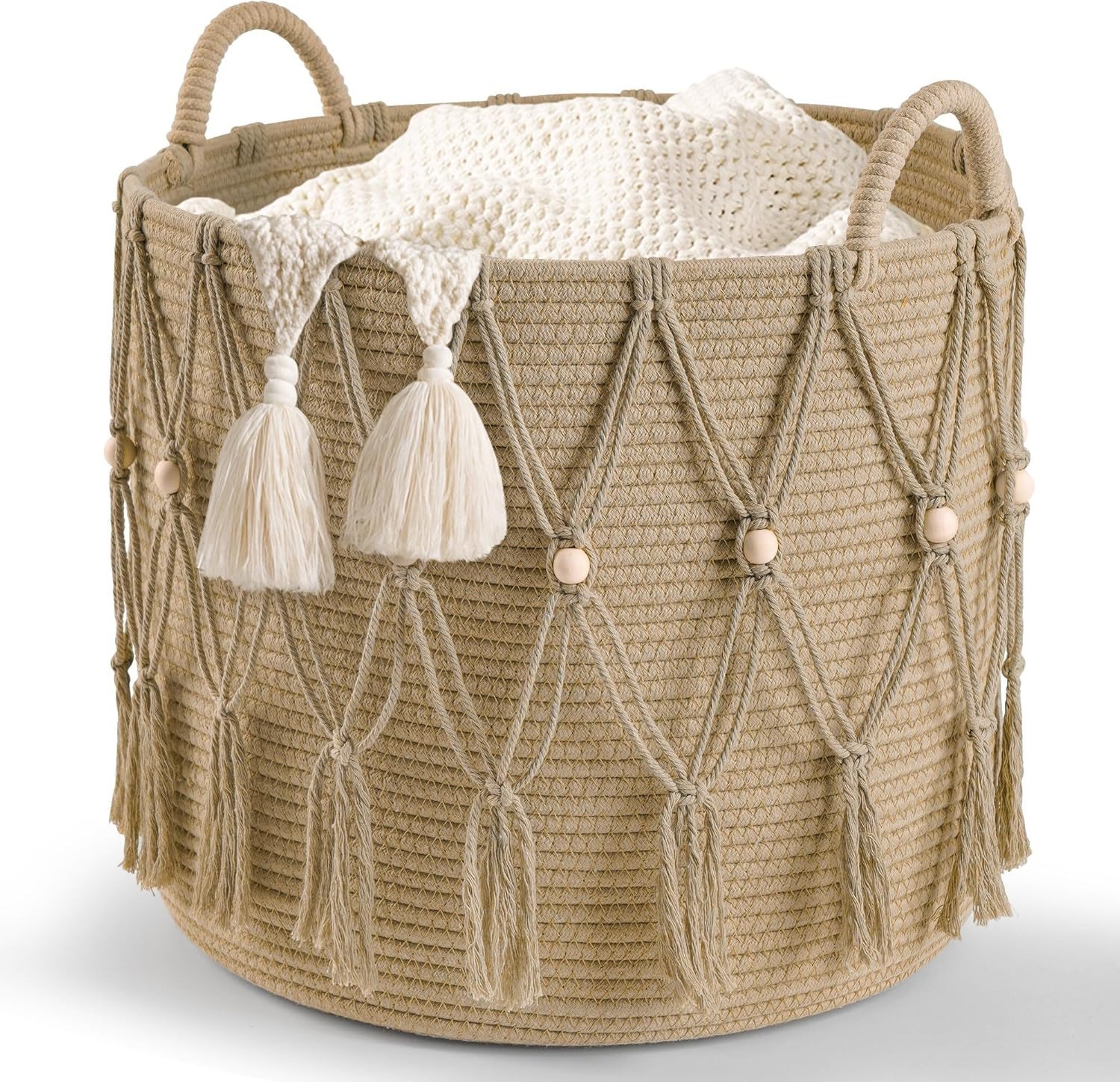 Boho Beige Blanket Basket: Living Room Toy & Laundry Organizer for Modern Farmhouse Decor