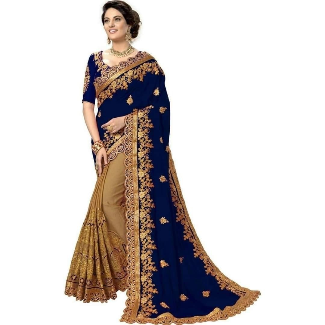 Navy Blue Gold Embroidered Saree
